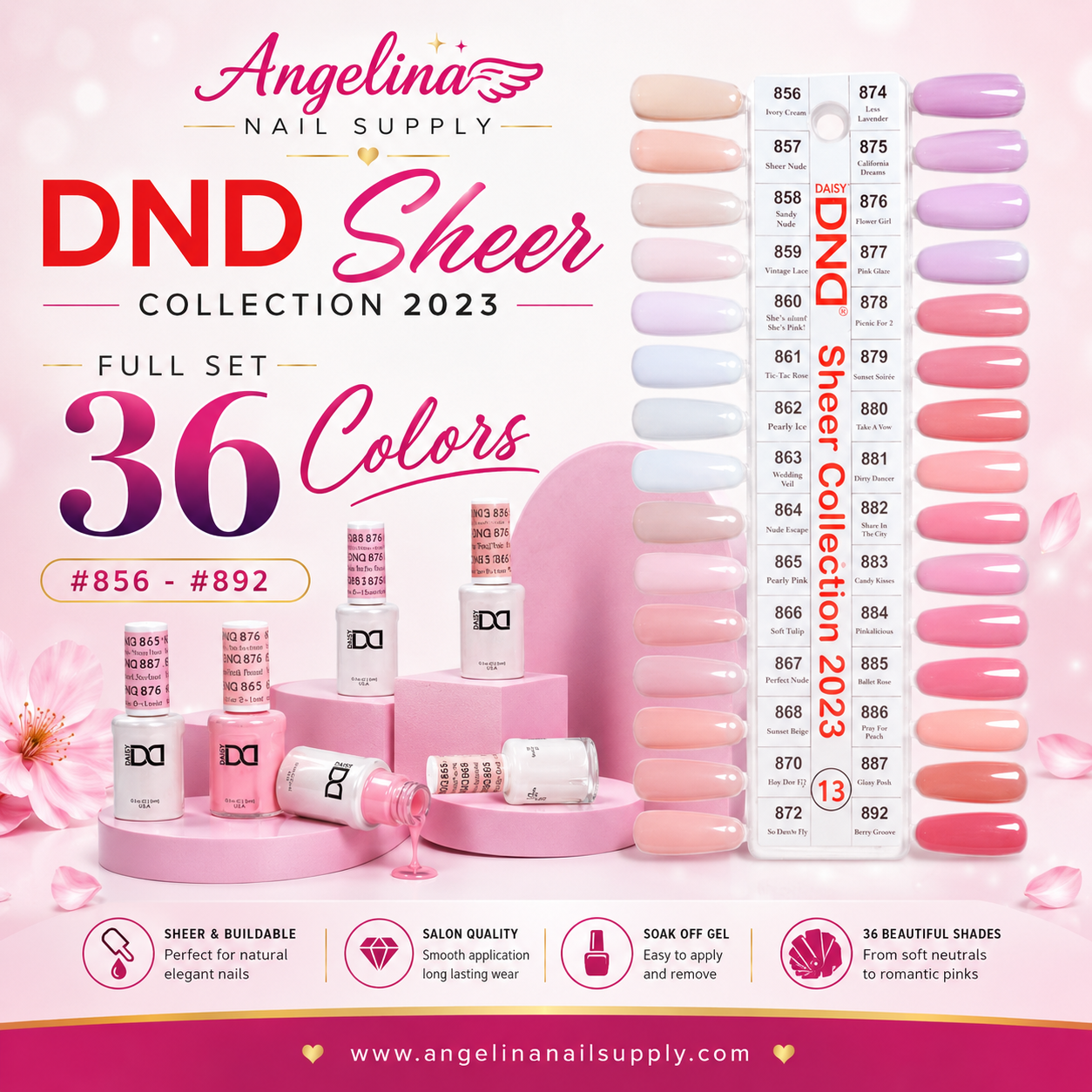 DND13 Sheer Collection (Full Set 36 Colors #856 - #892) - Angelina Nail Supply NYC