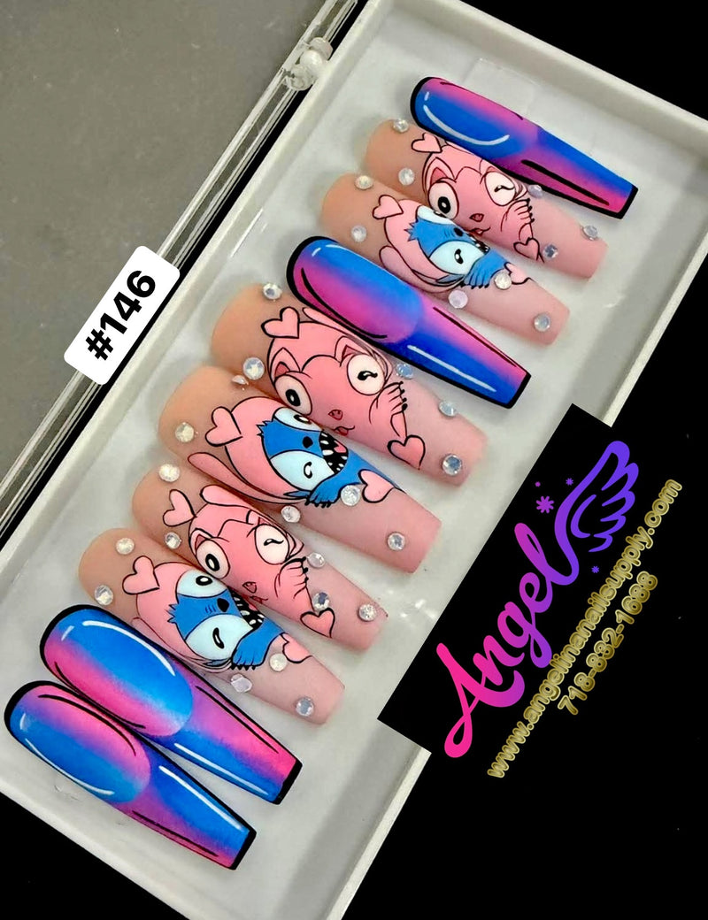 Angelina Handmade Custom Press-On Long Nail Design #146 - Sweet Alien Love