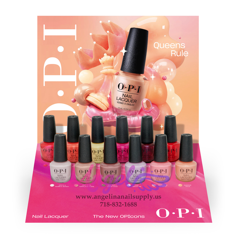 OPI nail polish set with a promotional standee featuring 'queens rule' text.