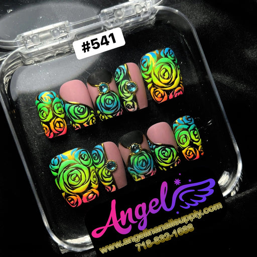 Set of colorful rose-patterned nails in a clear case with 'Angel' branding.