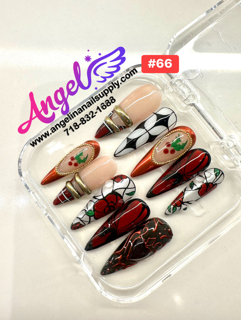 Angelina Handmade Custom Press-On Nails #060-#089 Christmas Red Glitter, Snowflake Holiday Design, Winter Press-On Nail Set