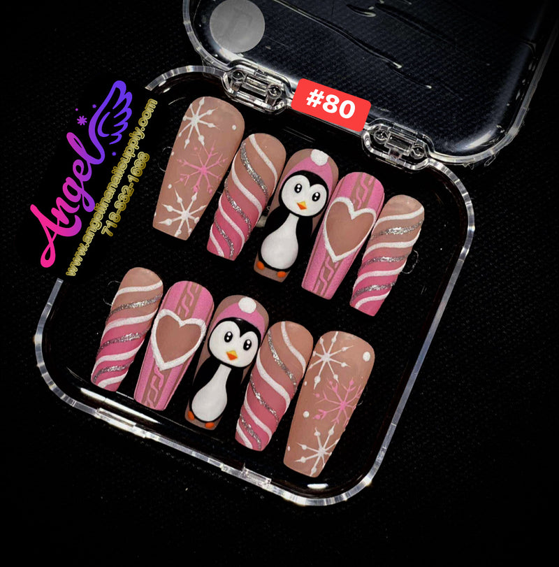 Angelina Handmade Custom Press-On Nails #060-#089 Christmas Red Glitter, Snowflake Holiday Design, Winter Press-On Nail Set