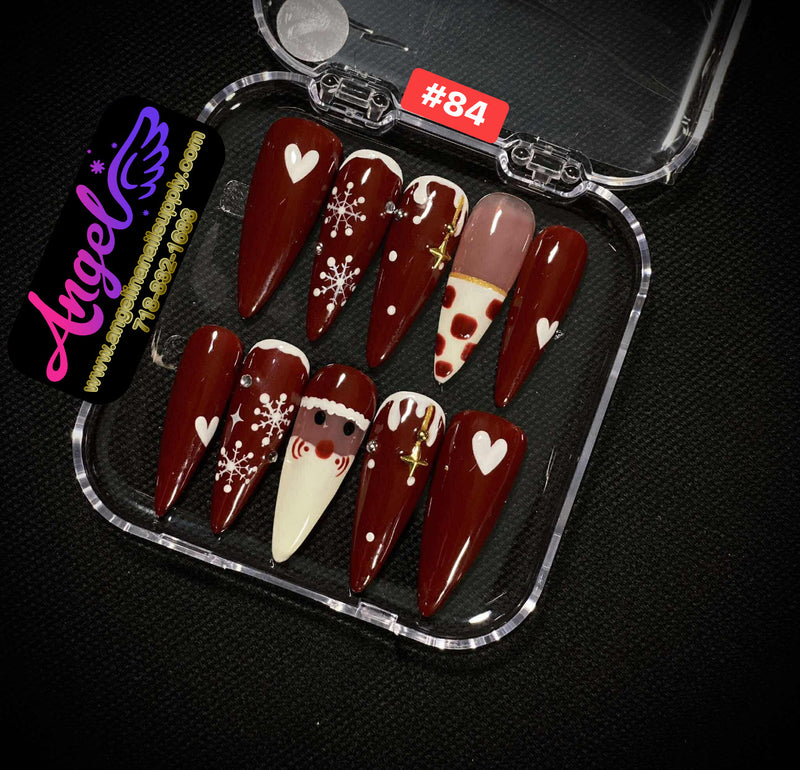 Angelina Handmade Custom Press-On Nails #060-#089 Christmas Red Glitter, Snowflake Holiday Design, Winter Press-On Nail Set