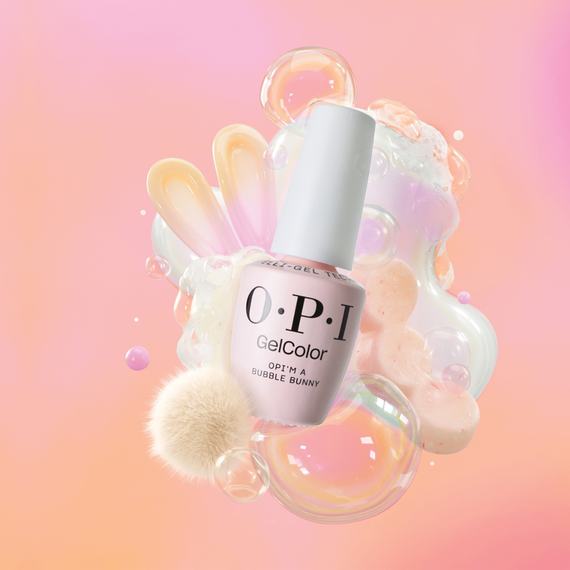 OPI GelColor nail polish bottle with a bubble-themed design on a gradient background