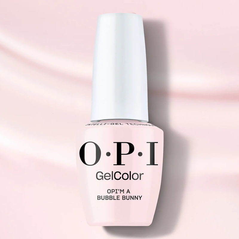 OPI nail polish bottle with 'I'm a Bubble Bunny' text on a pink background