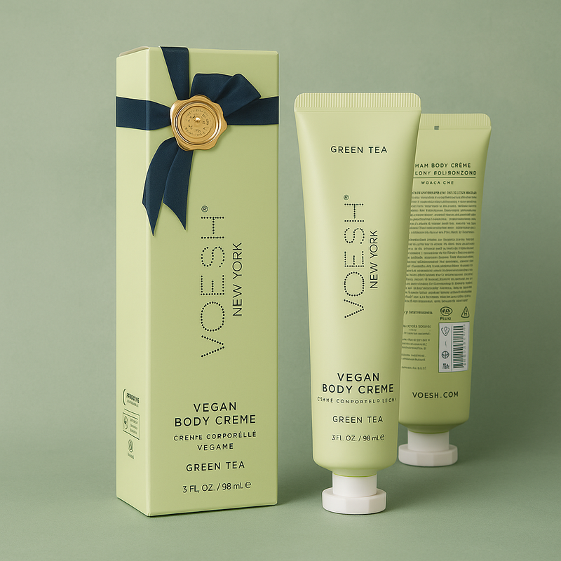 VOESH Vegan Body Creme Green Tea packaging and two tubes on a green background