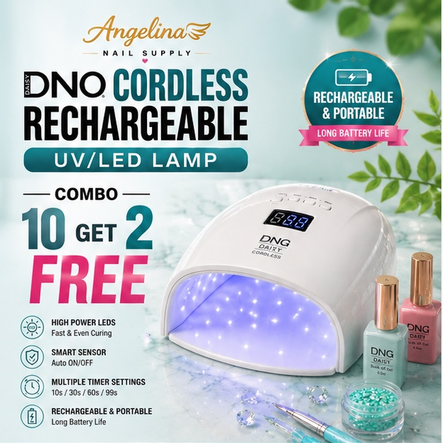 Angelina nail supply cordless rechargeable UV/LED lamp with accessories on a light blue background