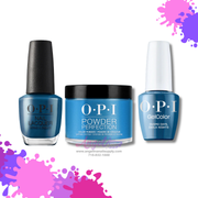 OPI nail care products including a blue lacquer bottle, powder jar, and gelcolor bottle on a colorful splatter background.
