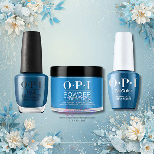 OPI nail care products including nail lacquer, powder, and gel color on a floral background
