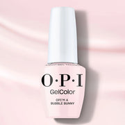 OPI nail polish bottle with 'I'm a Bubble Bunny' text on a pink background