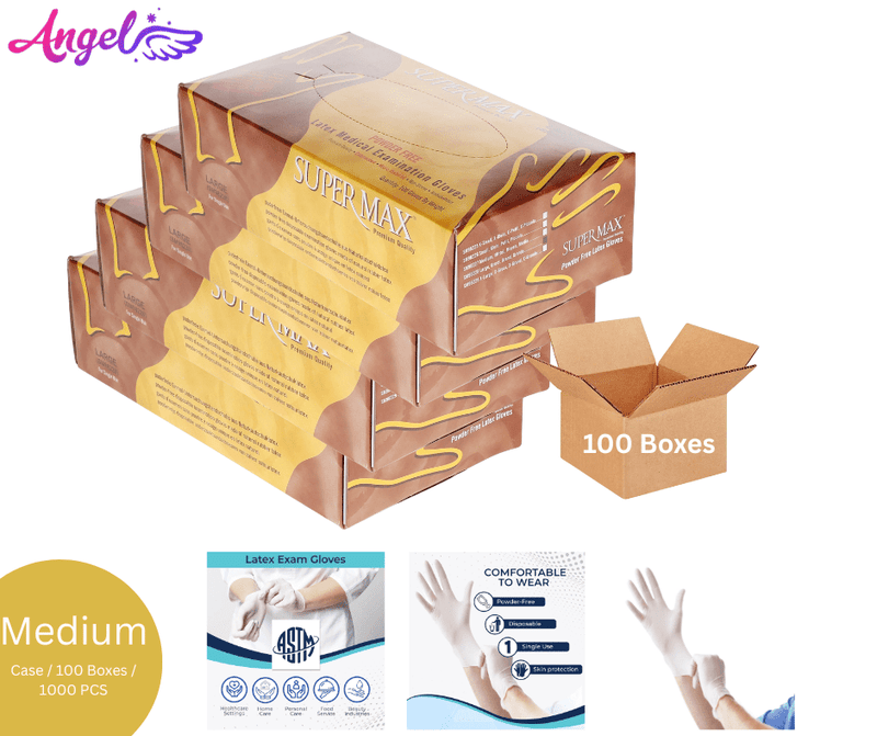 Super Max Latex Gloves Powder Free (Medium - Case/10 boxes) - Angelina Nail Supply NYC