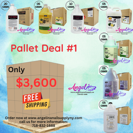 Pallet Deal #1 Angel Mix Products: Acetone, Alcohol, Cuticle Oil, Liquid Monomer, Callus Remover, Hand Soap, Lavender Lotion Aloe Vera Lotion - Angelina Nail Supply NYC